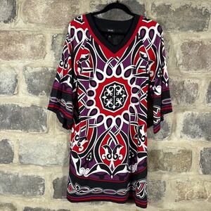 Nicole by‎ Nicole Miller Dress Size 6 Red Purple Black White Patterned Retro